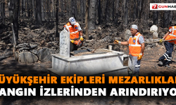 Büyükşehir ekipleri mezarlıkları yangının izlerinden arındırıyor